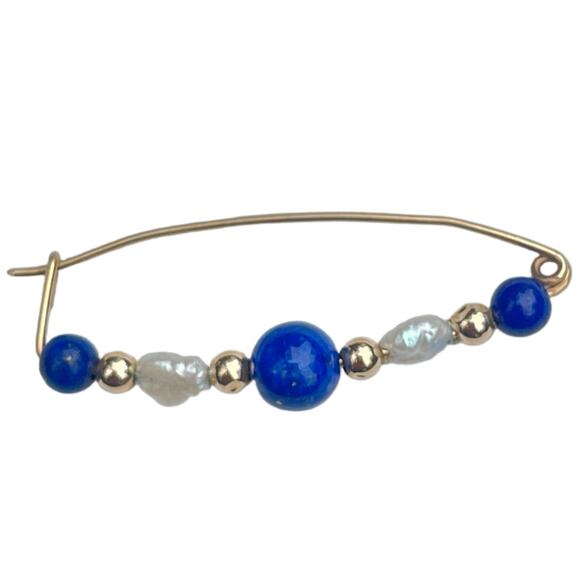 Vintage 14k Gold Rice Pearl Lapis Brooch - Picture 1 of 1